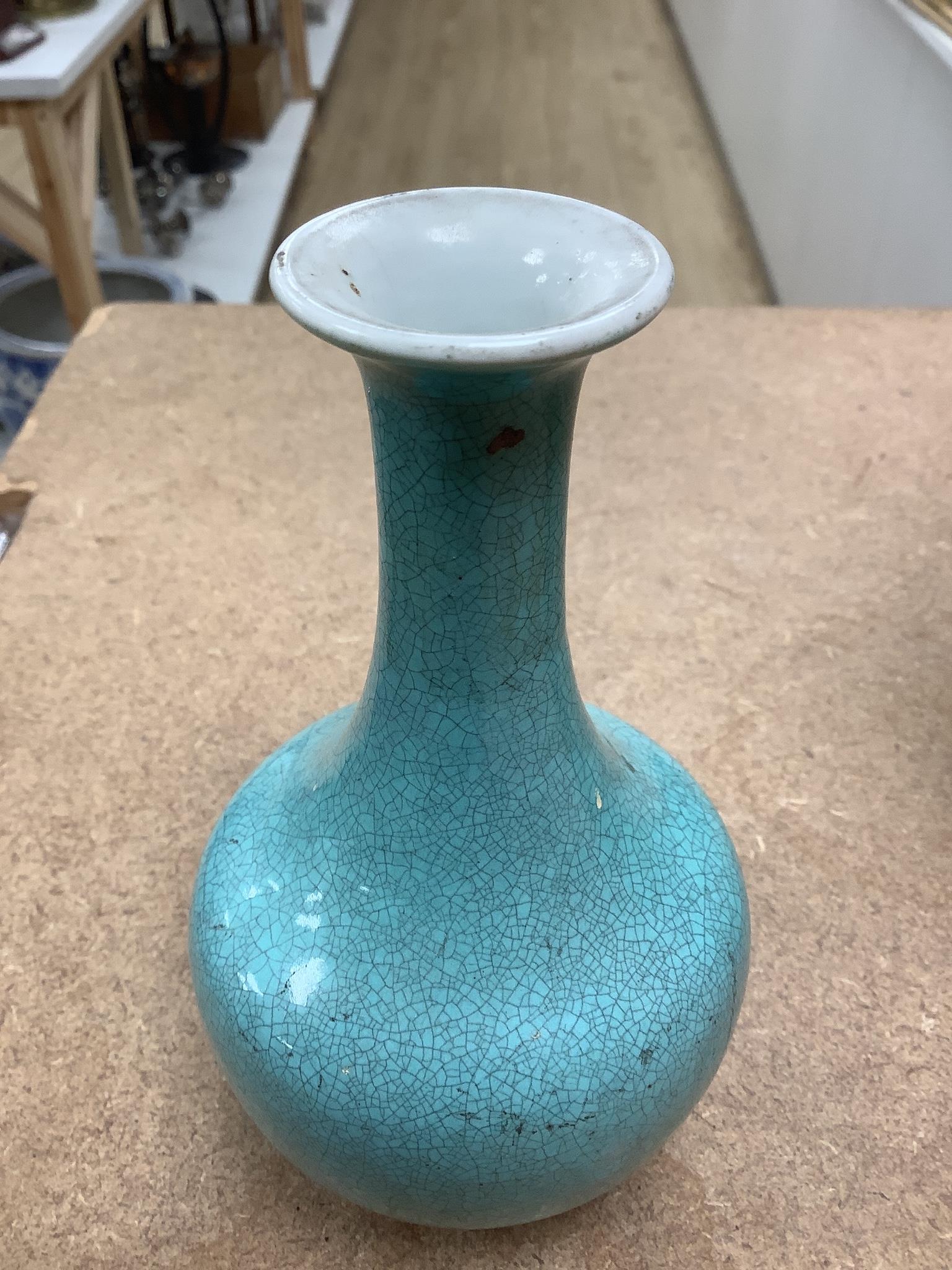 Three 19th Chinese monochrome glazed vases, with sang de boeuf, celadon and turquoise crackle glaze, tallest 21 cm